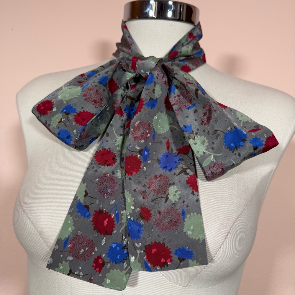 Vintage grey red polka dotted flower long Twilly neck bow scarf long Twilly